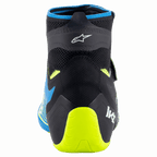 Alpinestars Tech-1 KZ V2 Schoenen, kartschoenen, zwart, enamel blauw en fluogeel, achteraanzicht met de gebreide bovenconstructie, Alpinestars-logo en felgele fluo hielsteun
