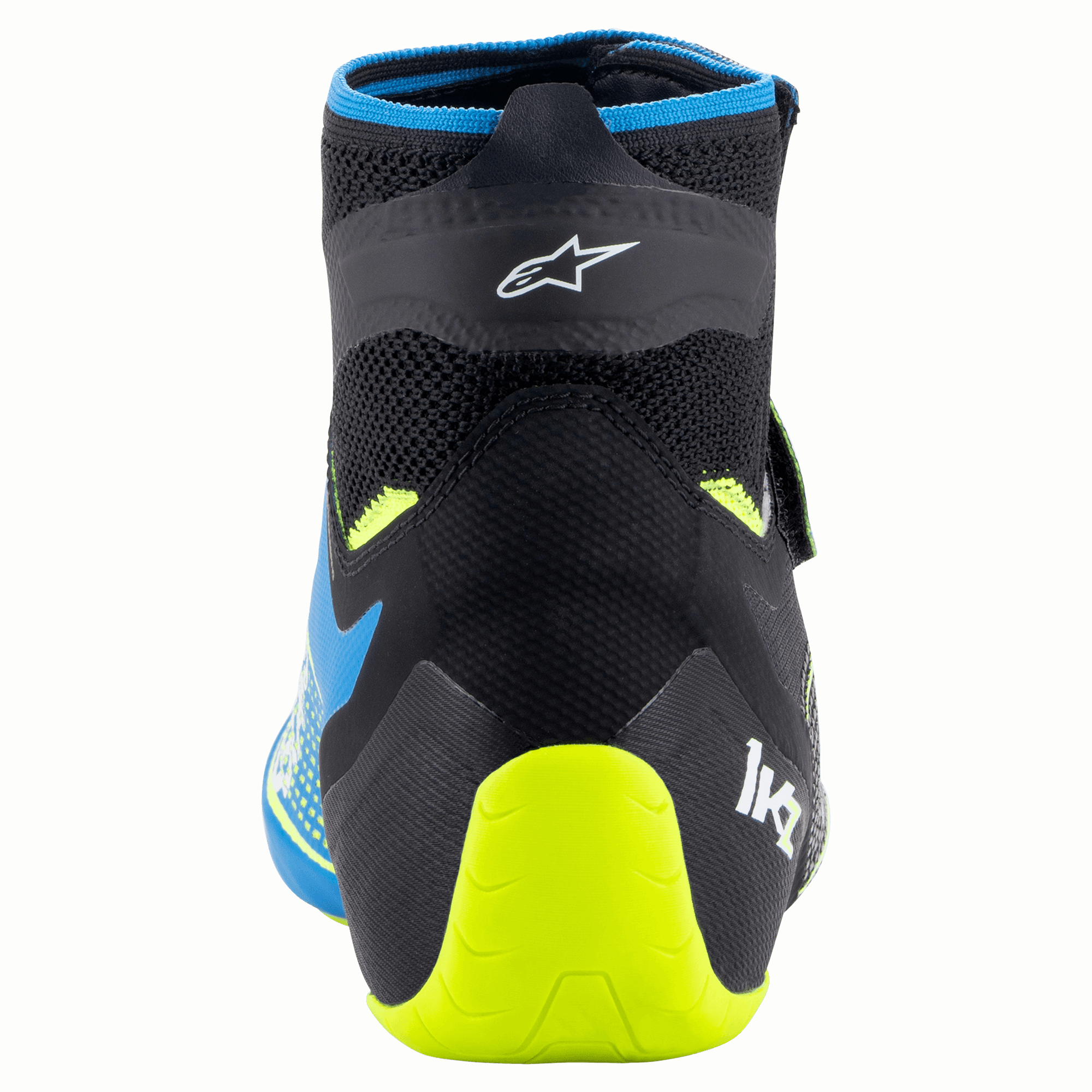 Alpinestars Tech-1 KZ V2 Schoenen, kartschoenen, zwart, enamel blauw en fluogeel, achteraanzicht met de gebreide bovenconstructie, Alpinestars-logo en felgele fluo hielsteun