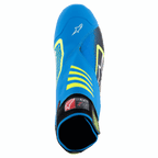 Alpinestars Tech-1 KZ V2 schoenen, kartschoenen, zwart, enamel blauw en geel fluo, bovenaanzicht met het naadloos gebreide bovenwerk, Alpinestars-logo op de neus en elastische kraag voor een stevige pasvorm.