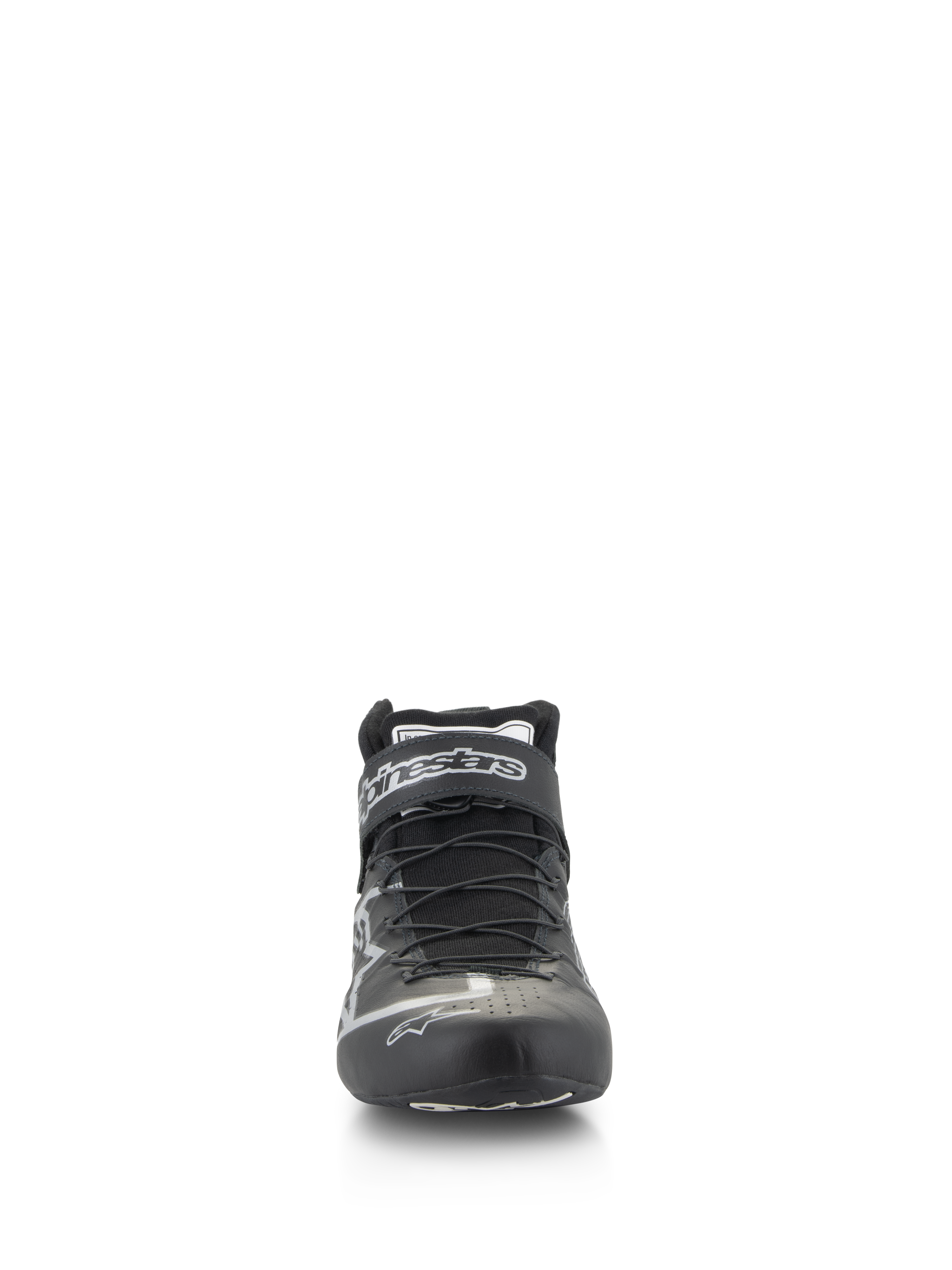 Alpinestars Tech-1 Z V3 Shoes FIA, Auto Racing Shoes, Black and Silver, front-facing view showing speed lacing system and Alpinestars logo on the strap, sleek bovine leather construction for professional motorsport performance