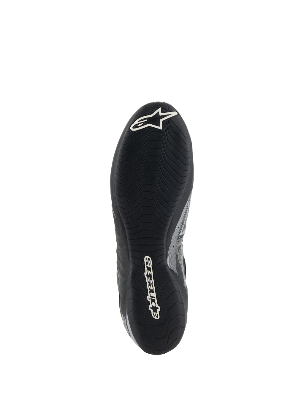 Alpinestars Tech-1 Z V3 Shoes FIA, Black Silver racing shoe sole view, featuring F1-derived thin rubber outsole with asymmetric tread, white branding including Astar logo and Alpinestars wordmark