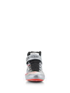 Alpinestars Tech-1 Z V3 Shoes FIA, Auto Racing Shoes, Dark Silver Black and Red, front view featuring a metallic silver leather upper, black speed lacing system, red accents on the toe, Alpinestars branding on the ankle strap, and FIA homologation label on the tongue