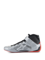 Alpinestars Tech-1 Z V3 Shoes FIA, Auto Racing Shoes, Dark Silver Black and Red, side profile of a professional driving shoe, metallic silver leather upper with black knit collar, featuring white Alpinestars logo and thin red rubber sole