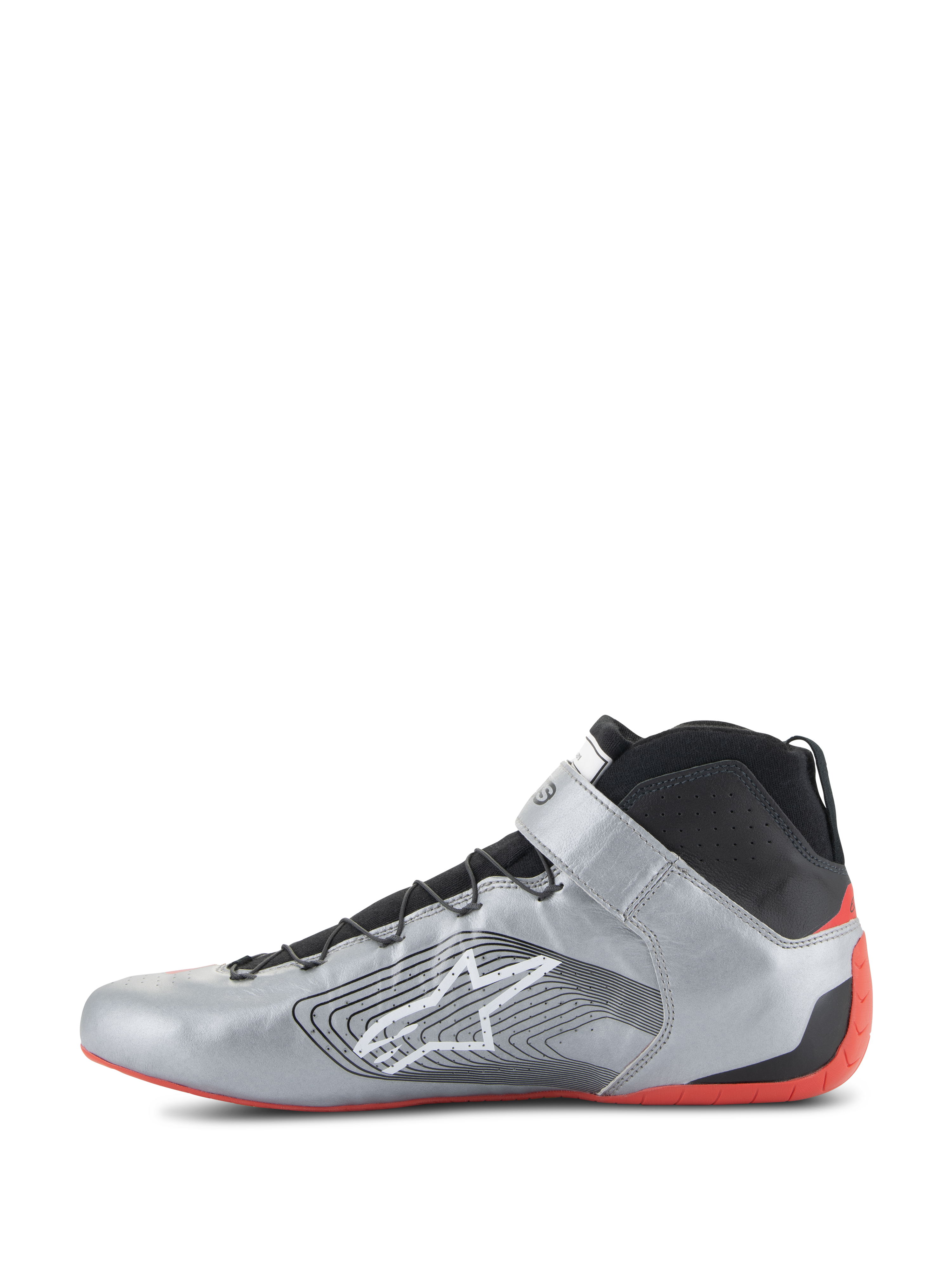 Alpinestars Tech-1 Z V3 Shoes FIA, Auto Racing Shoes, Dark Silver Black and Red, side profile of a professional driving shoe, metallic silver leather upper with black knit collar, featuring white Alpinestars logo and thin red rubber sole