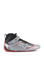 Alpinestars Tech-1 Z V3 FIA Racing Shoes, Dark Silver with Black and Red accents, high-top design featuring a white star logo, red sole, perforated leather for ventilation, and Velcro strap closure