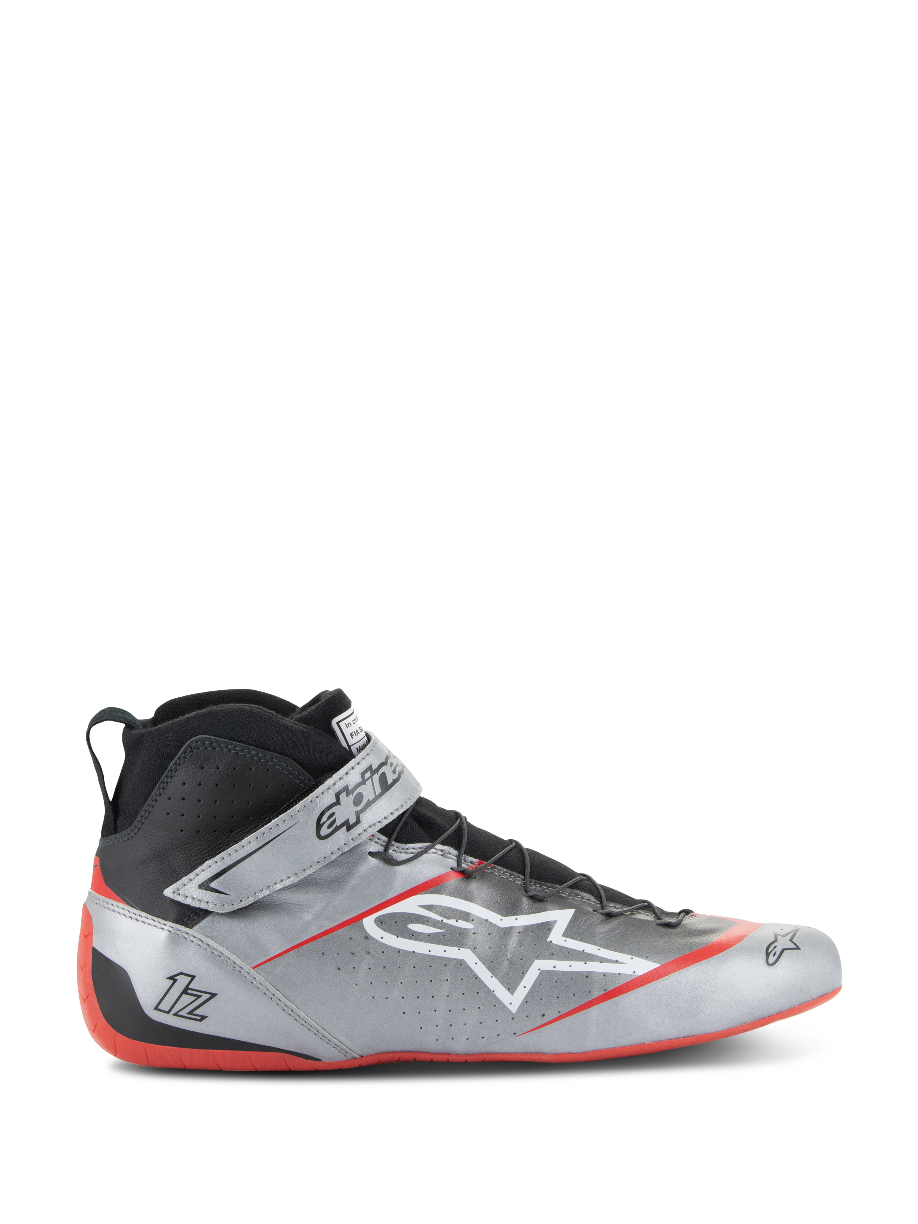 Alpinestars Tech-1 Z V3 FIA raceschoenen, donkerzilver met zwarte en rode accenten, hoog model met wit sterlogo, rode zool, geperforeerd leer voor ventilatie, klittenbandsluiting