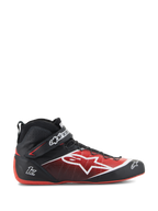 Alpinestars Tech-1 Z V3 Shoes FIA, Auto Racing Shoes, Black and Red, high-top design with white star logo, glossy finish with textured perforations, red curved sole, FIA certified, ankle strap with branding, streamlined motorsport footwear
