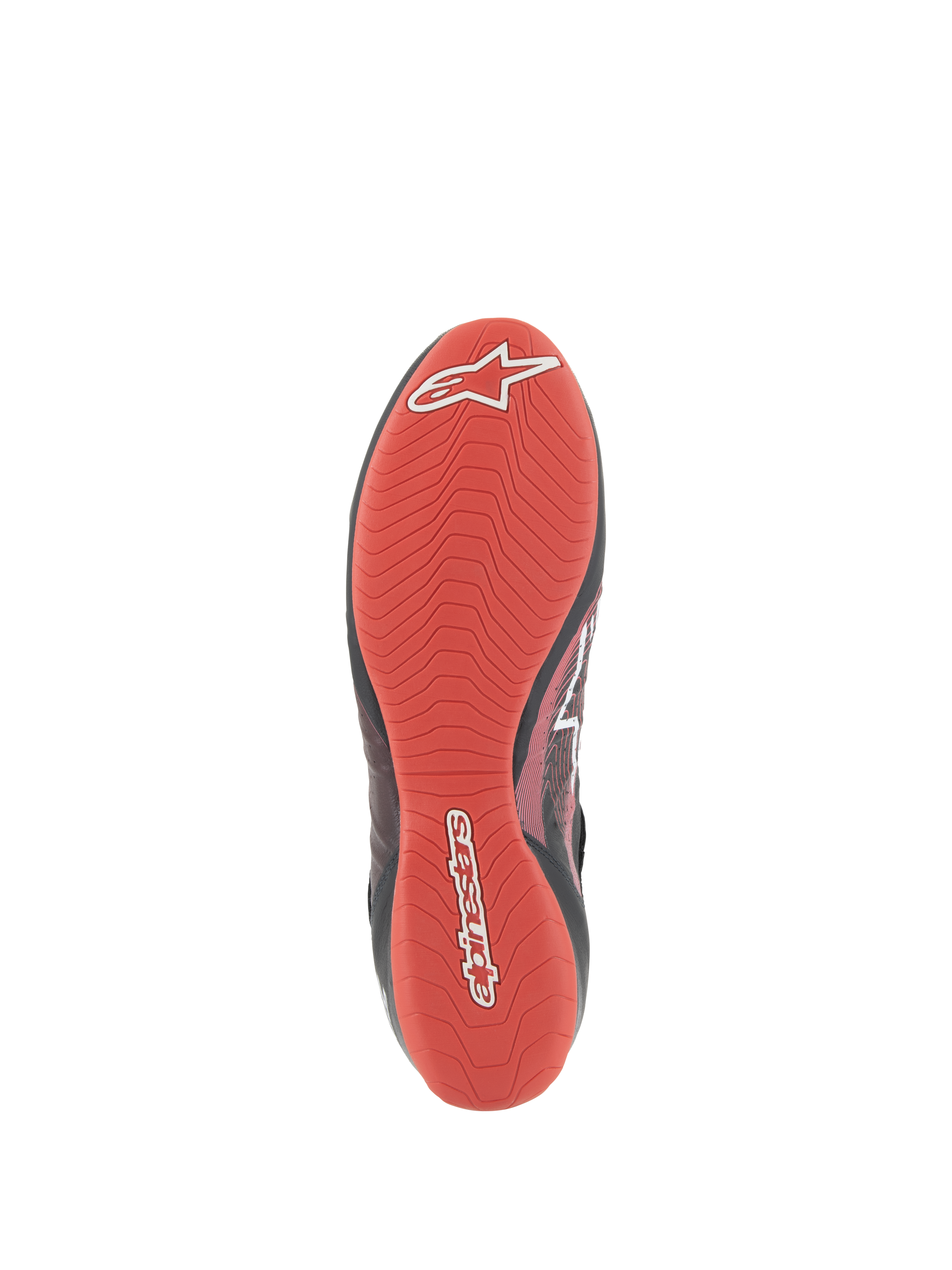 Alpinestars Tech-1 Z V3 Shoes FIA, Bottom view of racing shoe sole, Vibrant Red textured rubber, Asymmetric tread pattern for high grip and pedal sensitivity, White Alpinestars logo and script branding