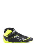 Alpinestars Tech-1 Z V3 Shoes FIA, Auto Racing Shoes, Black and Yellow Fluo, side profile of high-top motorsport footwear, white star logo, perforated design for breathability, adjustable ankle strap, thin rubber sole.