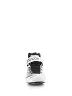Alpinestars Tech-1 Z V3 Shoes FIA, professional auto racing footwear, White and Black, front view showing speed lacing system and top Velcro strap with Alpinestars branding, perforated leather upper for breathability.