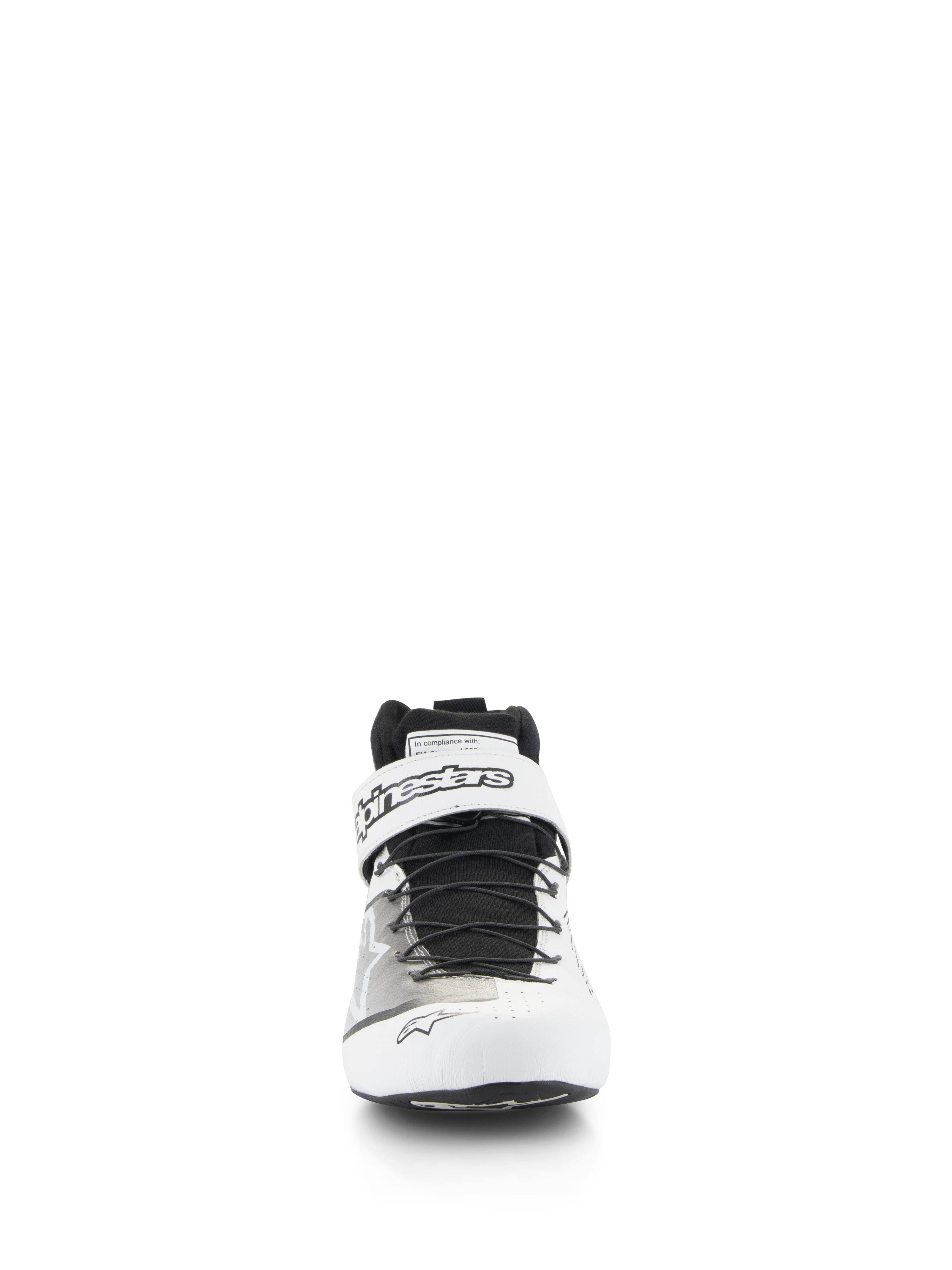 Alpinestars Tech-1 Z V3 Shoes FIA, professional auto racing footwear, White and Black, front view showing speed lacing system and top Velcro strap with Alpinestars branding, perforated leather upper for breathability.
