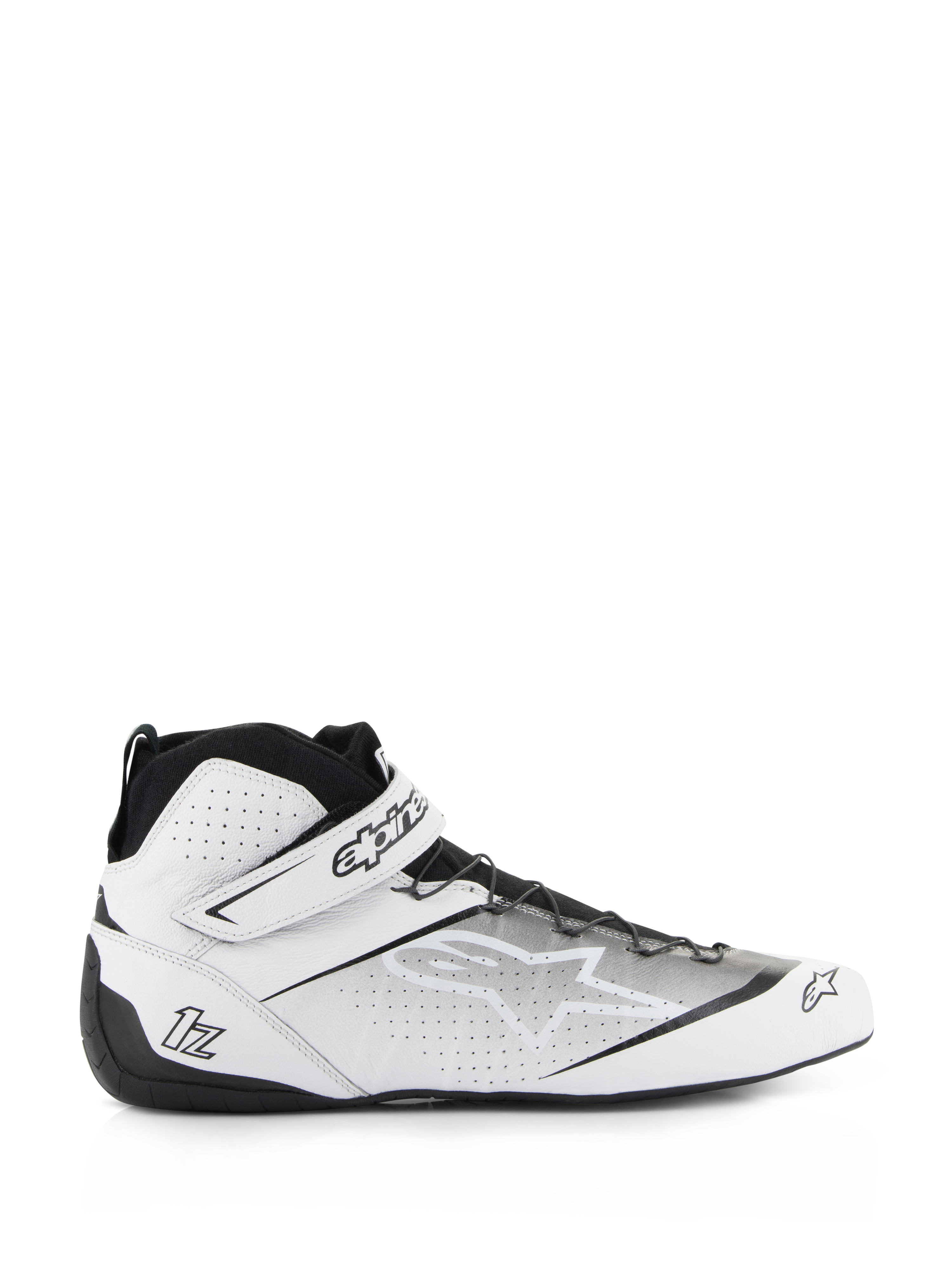 Alpinestars Tech-1 Z V3-schoenen FIA, autoraceschoenen, wit en zwart, hoog model met geperforeerd lederen bovenwerk, bandsluiting met Alpinestars-branding, dunne rubberen zool voor pedaalgevoeligheid, gestroomlijnd motorsportprofiel