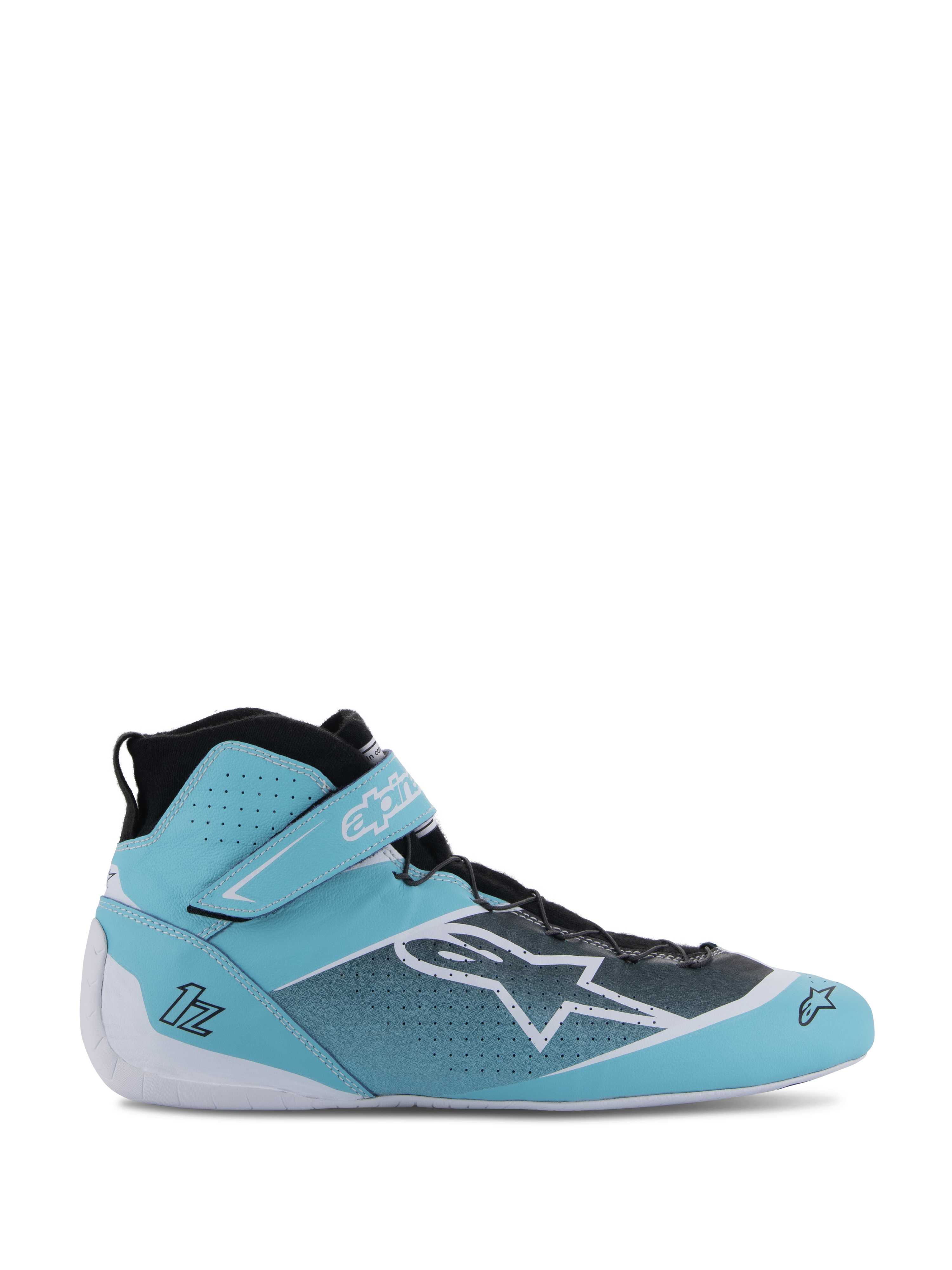 Alpinestars Tech-1 Z V3 schoenen FIA, professionele raceschoenen voor autosport, lichtblauw, wit en zwart, hoog ontwerp met klittenband enkelbandje, bovenwerk van geperforeerd runderleer, snelvetersysteem, zijaanzicht met Alpinestars sterlogo en FIA-gecertificeerde constructie
