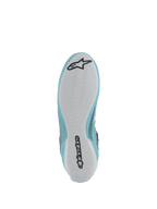 Alpinestars Tech-1 Z V3 Shoes FIA, Auto Racing Footwear, Light Teal and White, bottom view featuring a white rubber sole with black Alpinestars logo and wordmark, asymmetric tread pattern for grip and pedal feel.