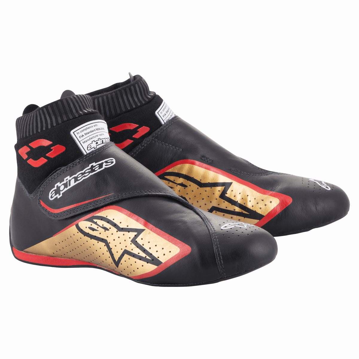 Alpinestars Supermono V2 FIA-schoenen, autosportschoenen, zwart, goud en rood, ultralichte lederen constructie, voorzien van een gouden sterlogo met rode contouren, sok-achtige elastische kraag en klittenbandsluiting
