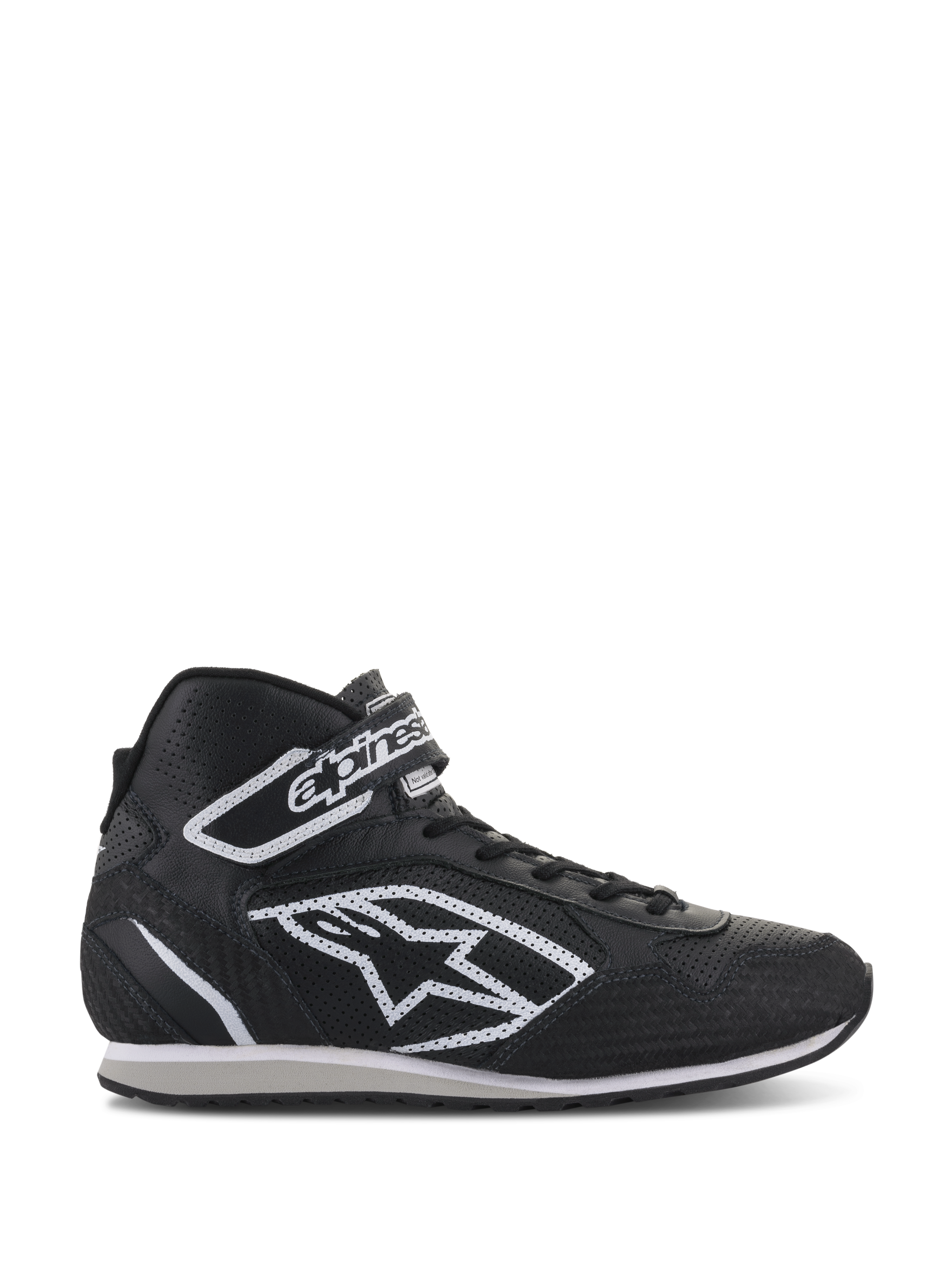 Alpinestars Radar schoenen, professionele autosport pit-crew schoenen, zwart en wit, geperforeerd leren bovenwerk met groot wit ster-logo, hoog model met klittenband enkelband en veters, duurzame motorsport-geïnspireerde stijl