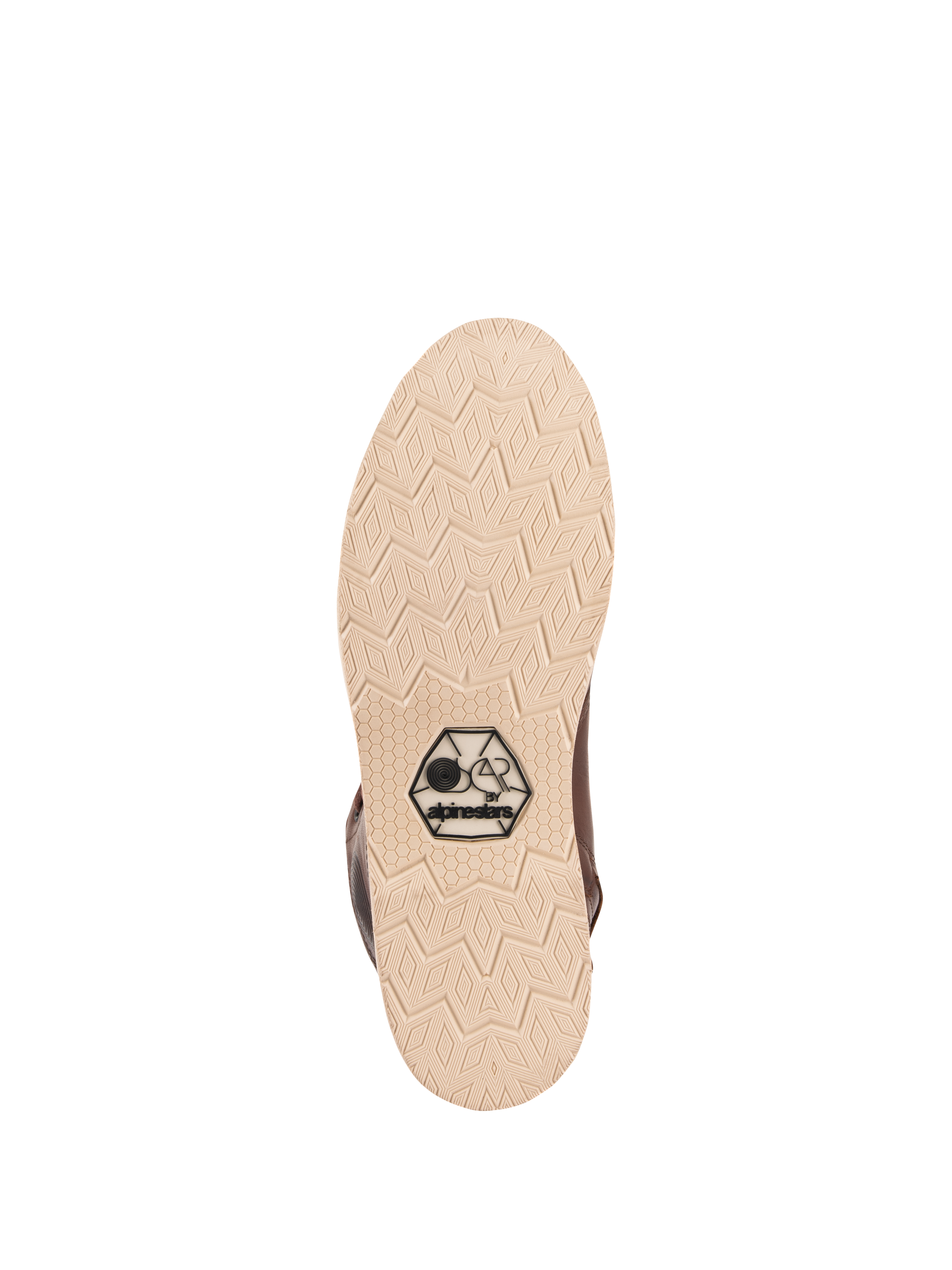 Alpinestars Oscar Monty V2 Shoes, sole view, light beige wedge outsole with geometric diamond tread pattern, featuring the black OSCAR by Alpinestars logo, urban motorcycle riding shoe in brown leather