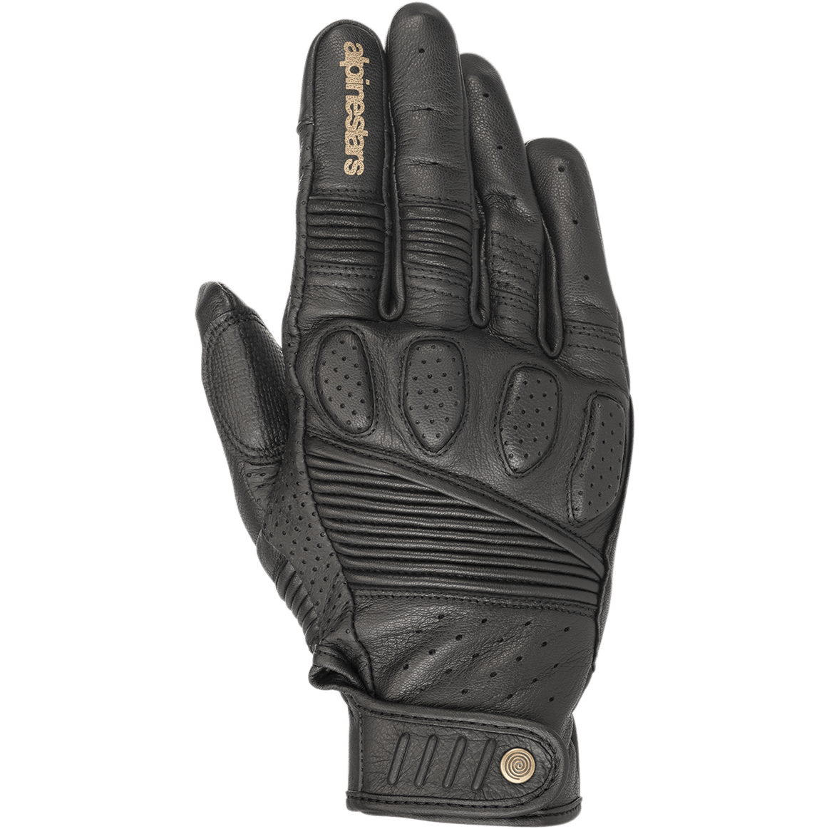 Alpinestars Crazy Eight handschoenen, zwarte lederen motorhandschoenen, accordeon stretchpanelen op de vingers en handrug, geperforeerde knokkelpadding, beige Alpinestars logo op de wijsvinger, verstelbare klittenband polssluiting met rond logo-detail