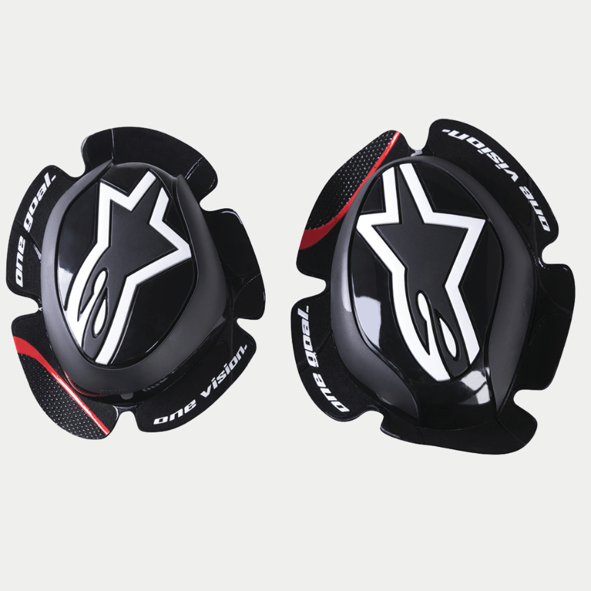 Alpinestars GP Pro Knieschuivers, zwart, met wit Alpinestars sterlogo, 'one goal. one vision.' tekst op de randen, rode accentstreep op getextureerde vleugels, anatomisch gevormde polymeercompound voor motorrace-uitrusting