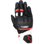 Alpinestars SP-5 handschoenen, motorracinghandschoenen, zwart, wit en rood, voorzien van geperforeerde lederen knokkelbescherming, korte manchet met witte en rode accenten, Alpinestars logo branding, ergonomisch sportief rijontwerp