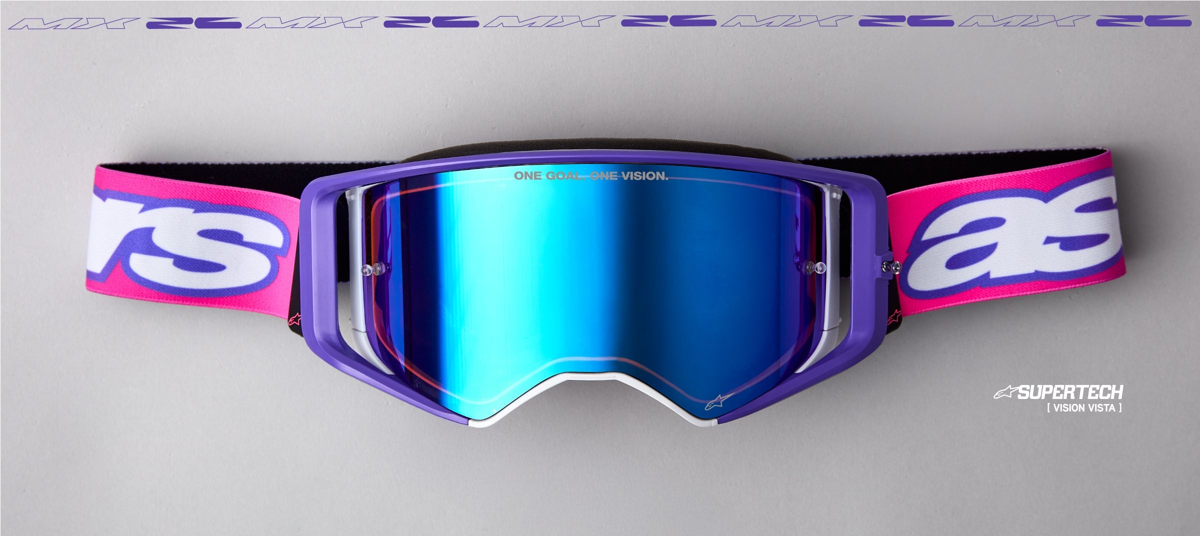 Alpinestars Supertech Vision Vista Goggles, Motocross Racing, Purple and Blue, Mirrored Lens with Pink and White Strap.