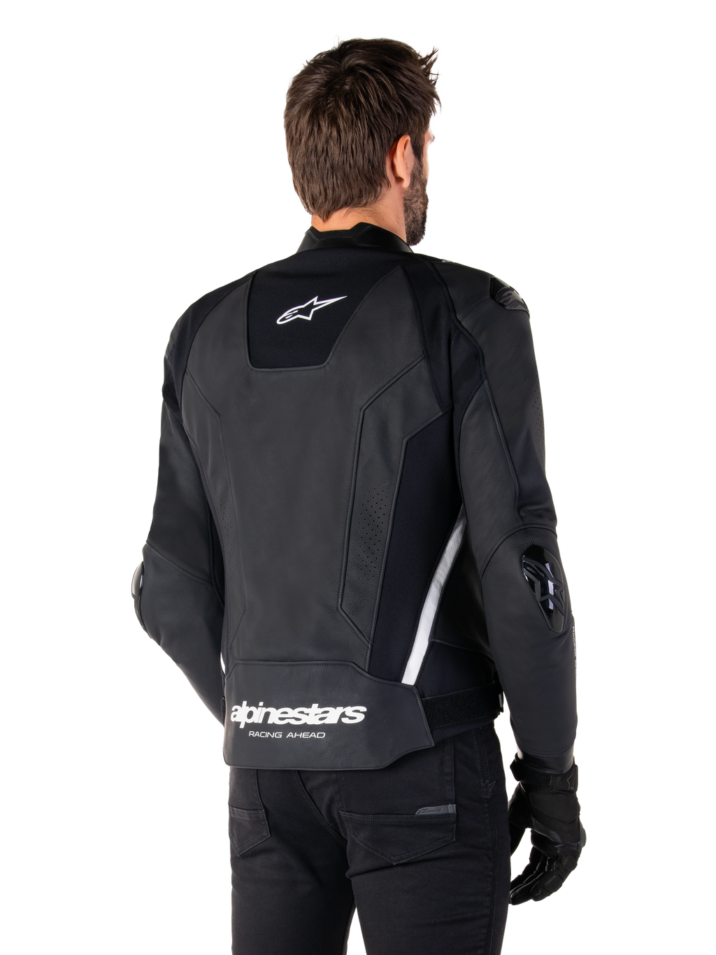 Alpinestars Missile V3 Leren Jas, achteraanzicht, zwart en wit, met het Alpinestars ster-logo op de bovenrug en woordmerk op de onderrug, beschermende sliders op ellebogen en schouders, premium lederen race-uitrusting