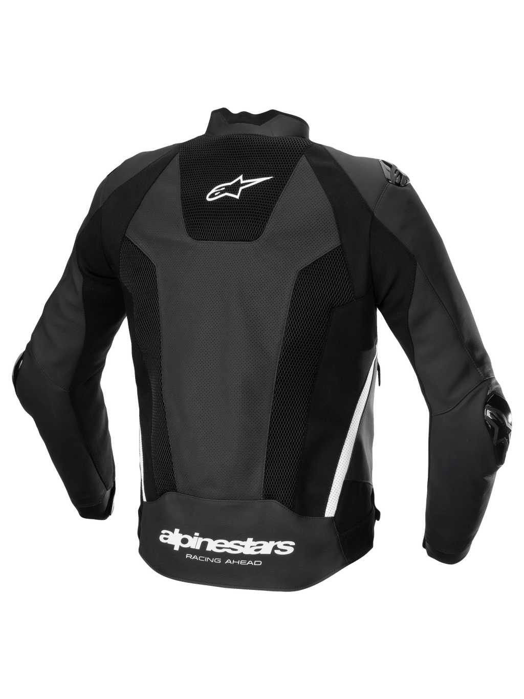 Alpinestars Missile V3 Airflow Leren Jas, heren motorracingjas, achteraanzicht, zwart en wit, geperforeerd leer met stretchpanelen en Alpinestars-logo op de achterzijde