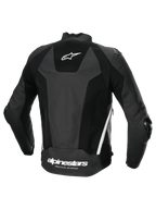 Alpinestars Missile V3 Airflow Leren Jas, heren motorracingjas, achteraanzicht, zwart en wit, geperforeerd leer met stretchpanelen en Alpinestars-logo op de achterzijde