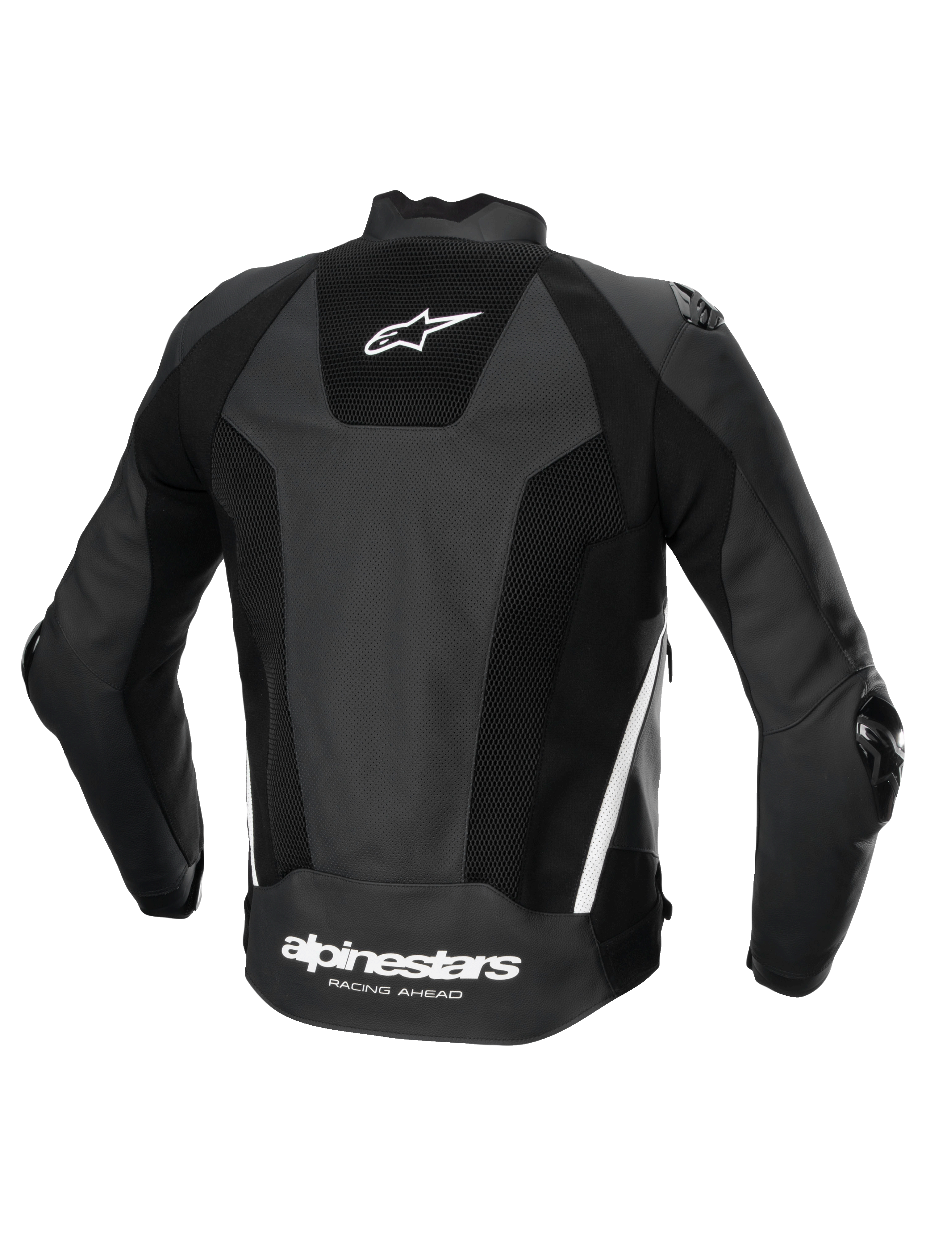 Alpinestars Missile V3 Airflow Leren Jas, heren motorracingjas, achteraanzicht, zwart en wit, geperforeerd leer met stretchpanelen en Alpinestars-logo op de achterzijde