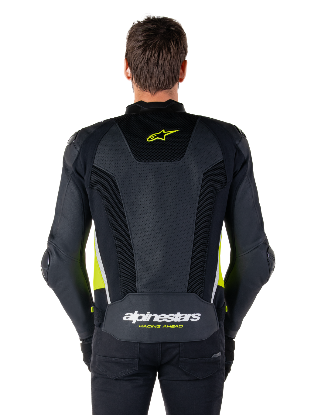 Alpinestars Missile V3 Airflow Leren Jas, achteraanzicht, zwart met fluogeel en witte accenten, uitgebreide geperforeerde leren panelen voor koeling, Alpinestars-branding op de boven- en onderrug, race-geïnspireerde motorjas