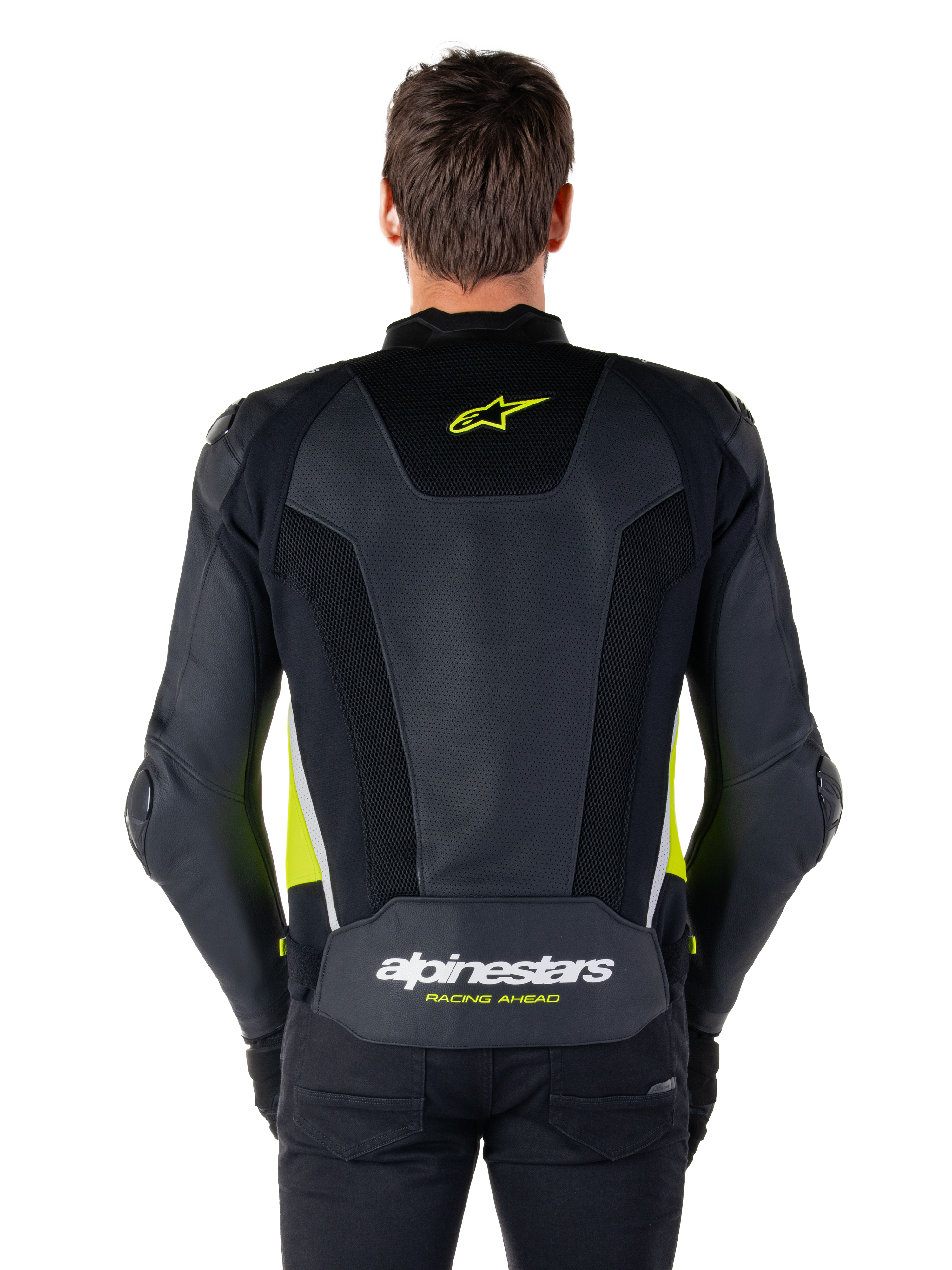 Alpinestars Missile V3 Airflow Leren Jas, achteraanzicht, zwart met fluogeel en witte accenten, uitgebreide geperforeerde leren panelen voor koeling, Alpinestars-branding op de boven- en onderrug, race-geïnspireerde motorjas