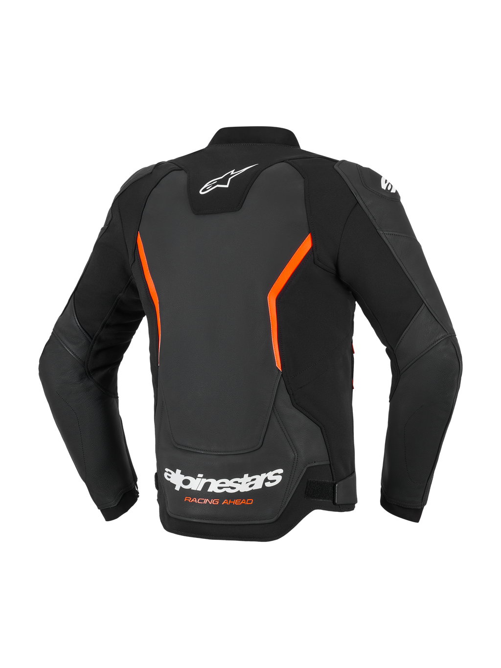 Alpinestars GP Force V2 Leren Jas, leren motorjas, zwart en fluorood, achteraanzicht met witte Alpinestars-logo's en oranje Racing Ahead-tekst, fluorode hoekige accenten, constructie uit meerdere panelen met voorgevormde mouwen