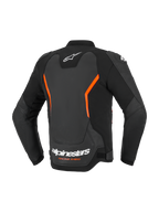 Alpinestars GP Force V2 Leren Jas, leren motorjas, zwart en fluorood, achteraanzicht met witte Alpinestars-logo's en oranje Racing Ahead-tekst, fluorode hoekige accenten, constructie uit meerdere panelen met voorgevormde mouwen