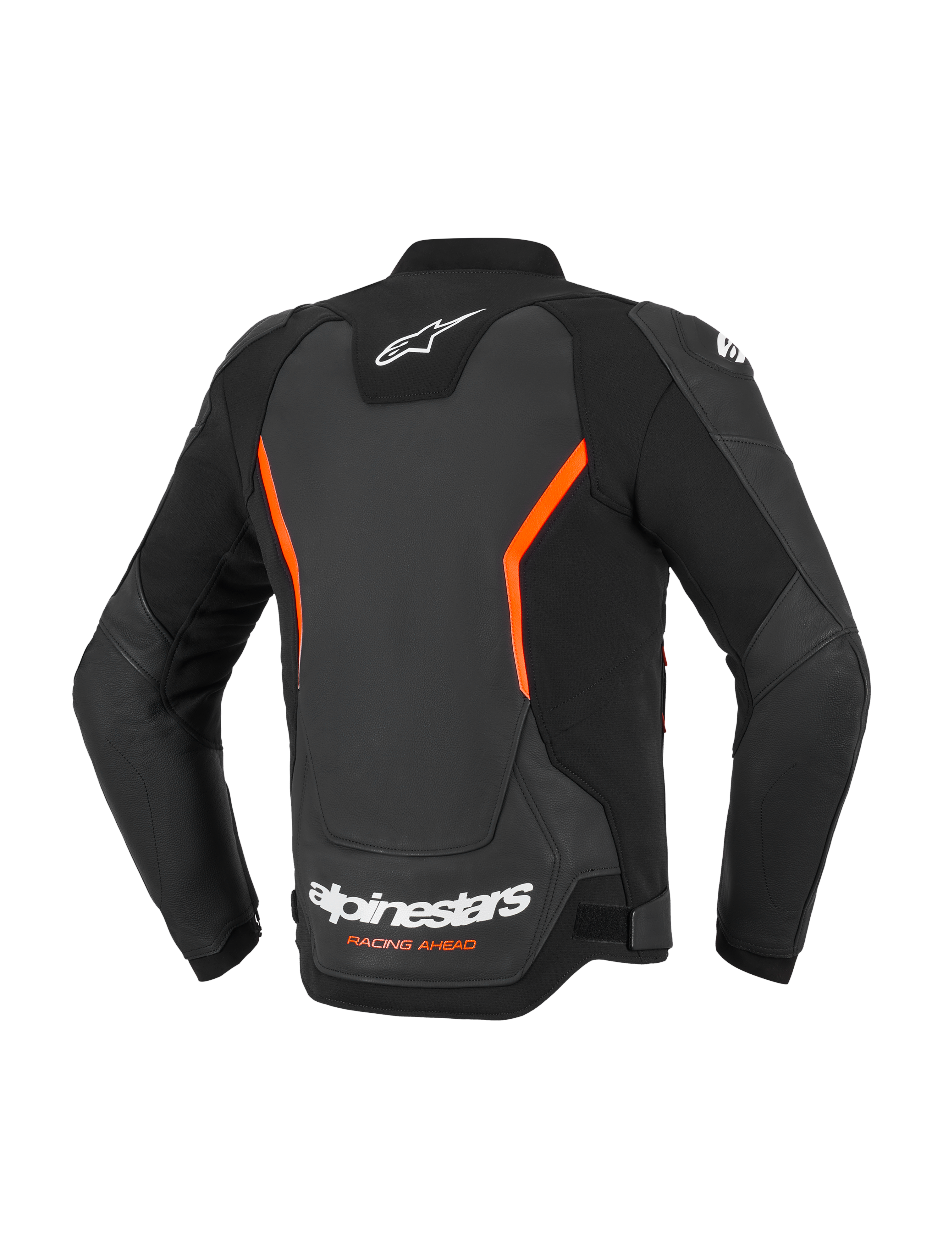 Alpinestars GP Force V2 Leren Jas, leren motorjas, zwart en fluorood, achteraanzicht met witte Alpinestars-logo's en oranje Racing Ahead-tekst, fluorode hoekige accenten, constructie uit meerdere panelen met voorgevormde mouwen