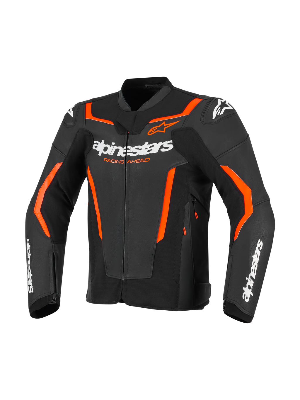 Alpinestars GP Force V2 Leren Jas, sportieve motorjas, zwart en fluo rood, met witte Alpinestars-branding en opvallende oranjerode accenten, professionele leren constructie met een sportieve pasvorm