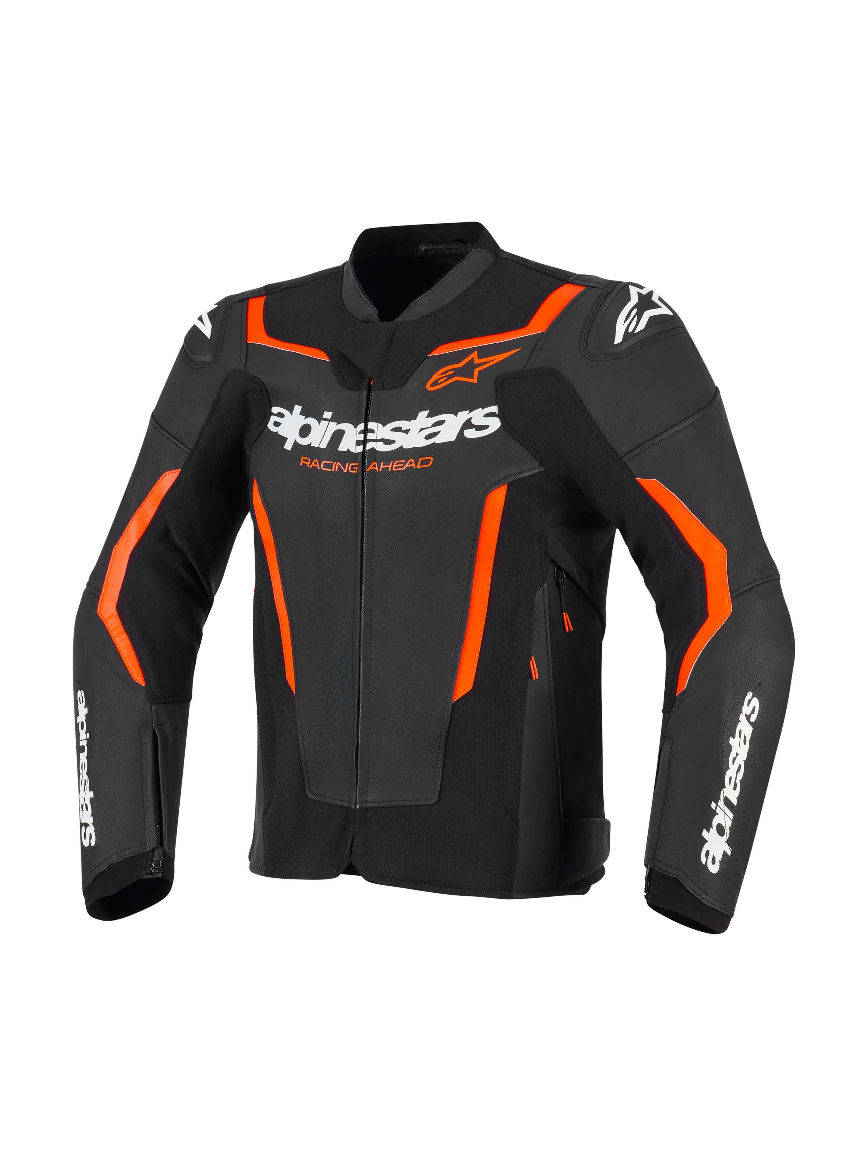 Alpinestars GP Force V2 Leren Jas, sportieve motorjas, zwart en fluo rood, met witte Alpinestars-branding en opvallende oranjerode accenten, professionele leren constructie met een sportieve pasvorm