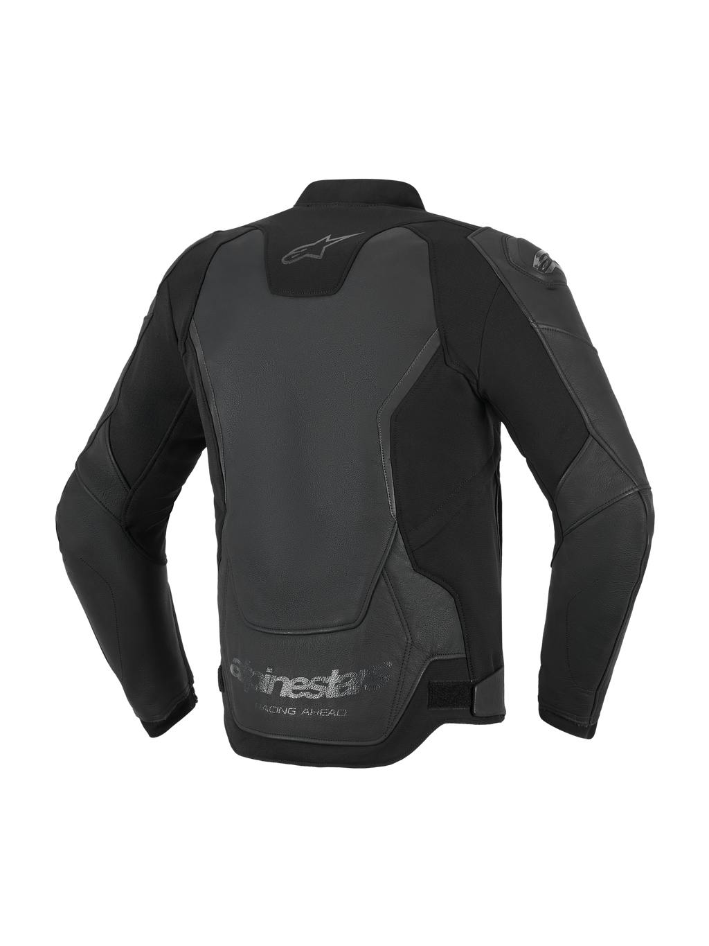 Alpinestars GP Force V2 Leren Jas, motorjas, zwart, achteraanzicht met focus op de meerpanelige leer- en textielconstructie, met het Alpinestars-logo in de nek en 'Racing Ahead' branding op de onderste zoom.