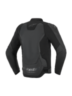 Alpinestars GP Force V2 Leren Jas, motorjas, zwart, achteraanzicht met focus op de meerpanelige leer- en textielconstructie, met het Alpinestars-logo in de nek en 'Racing Ahead' branding op de onderste zoom.