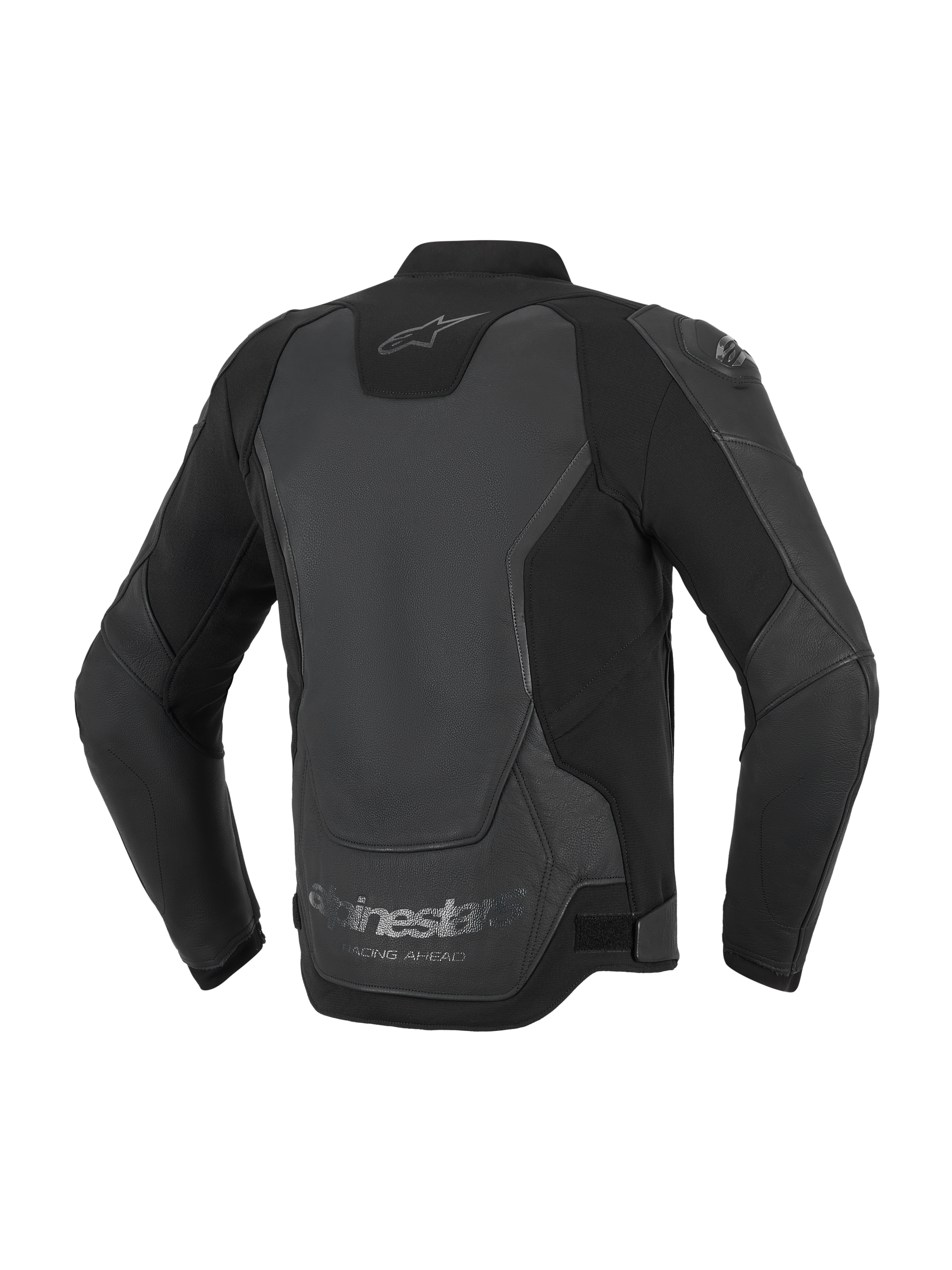 Alpinestars GP Force V2 Leren Jas, motorjas, zwart, achteraanzicht met focus op de meerpanelige leer- en textielconstructie, met het Alpinestars-logo in de nek en 'Racing Ahead' branding op de onderste zoom.