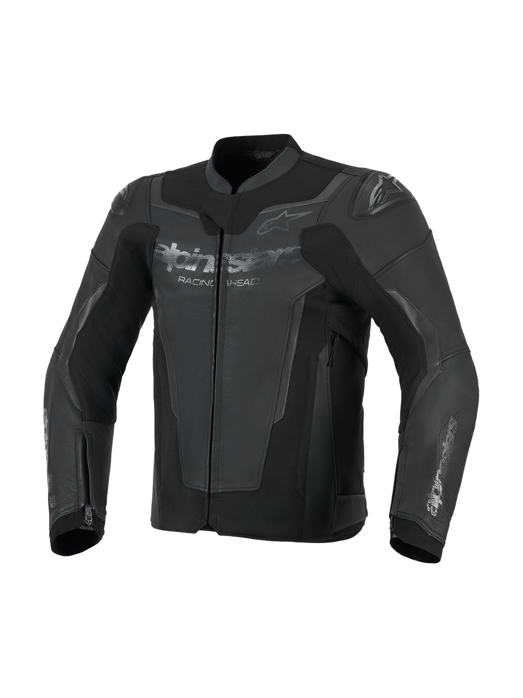 Alpinestars GP Force V2 leren jas, zwart, premium rundleer constructie met high-stretch panelen, voorzien van geïntegreerde GP Lite Evo DFS schouderbeschermers en Alpinestars-logo's op de borst en mouwen, sportieve motorrijuitrusting