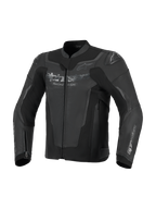 Alpinestars GP Force V2 leren jas, zwart, premium rundleer constructie met high-stretch panelen, voorzien van geïntegreerde GP Lite Evo DFS schouderbeschermers en Alpinestars-logo's op de borst en mouwen, sportieve motorrijuitrusting