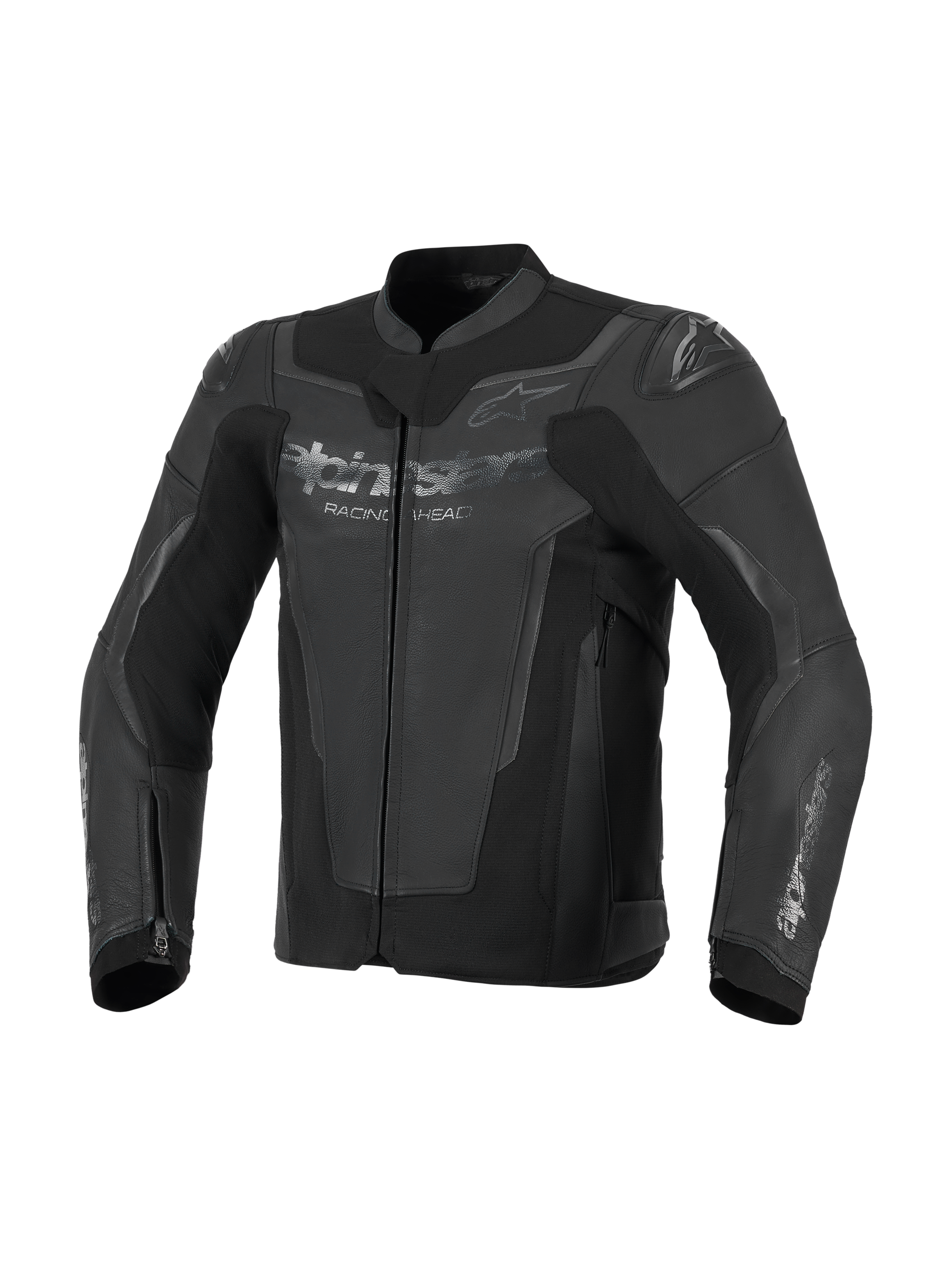 Alpinestars GP Force V2 leren jas, zwart, premium rundleer constructie met high-stretch panelen, voorzien van geïntegreerde GP Lite Evo DFS schouderbeschermers en Alpinestars-logo's op de borst en mouwen, sportieve motorrijuitrusting