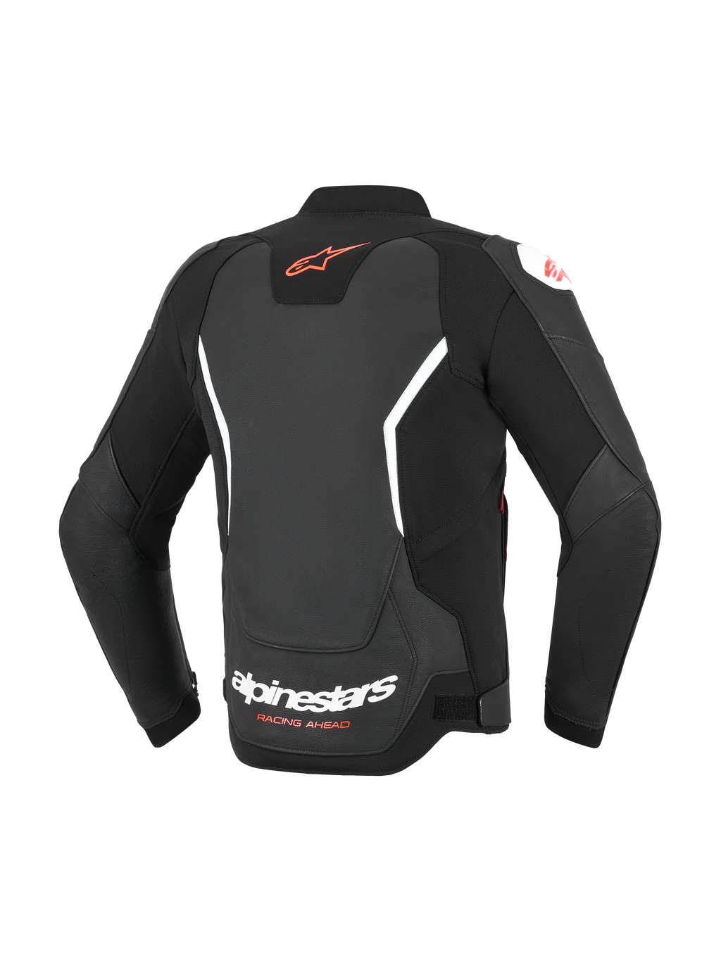 Alpinestars GP Force V2 Leren Jas, zwart met witte en rode accenten, achteraanzicht met rood Astar-logo op de bovenrug en witte Alpinestars-branding op de onderrug, sportieve leren motorjas met accordeon stretchpanelen.