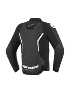 Alpinestars GP Force V2 Leren Jas, zwart met witte en rode accenten, achteraanzicht met rood Astar-logo op de bovenrug en witte Alpinestars-branding op de onderrug, sportieve leren motorjas met accordeon stretchpanelen.