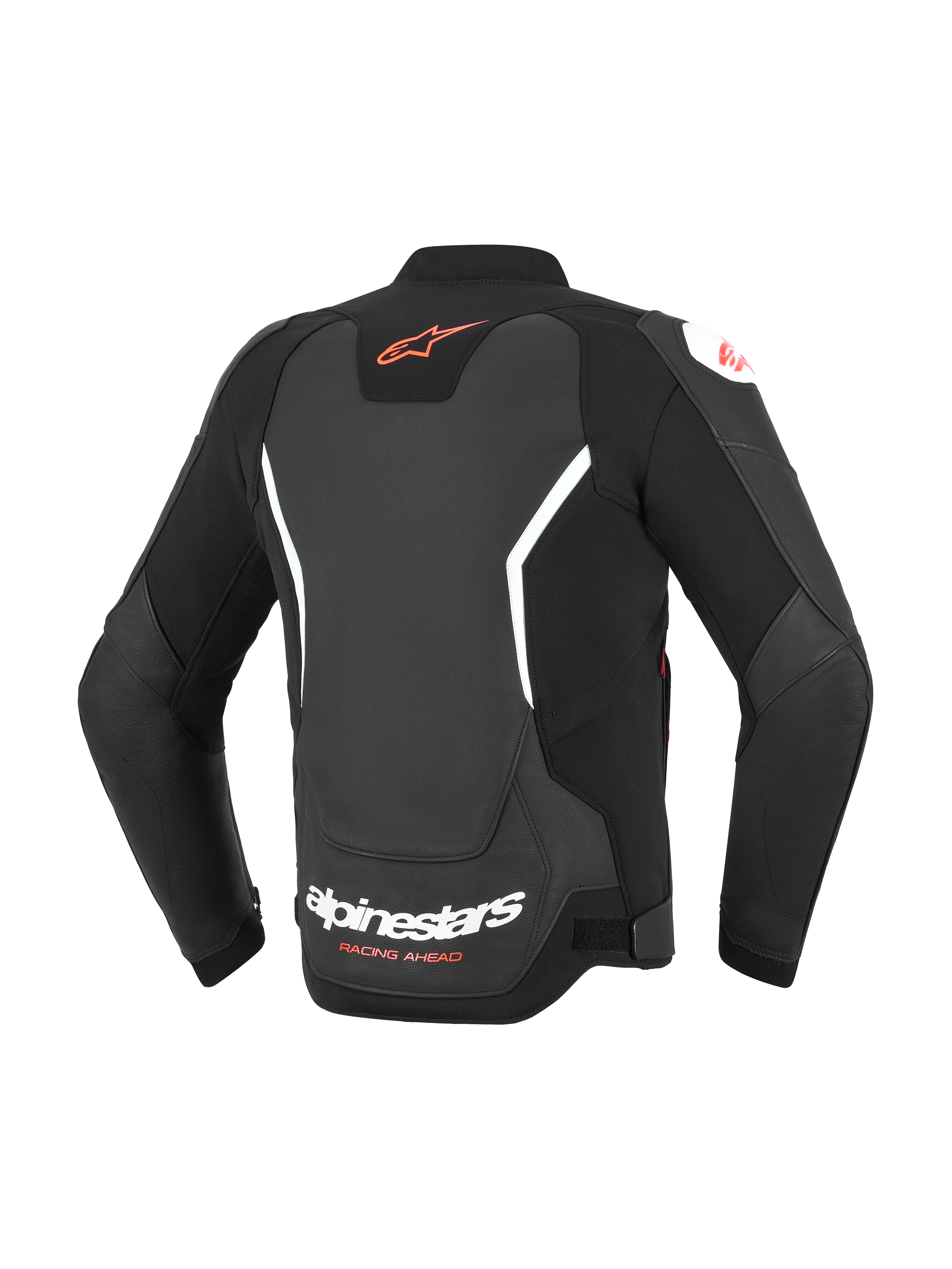 Alpinestars GP Force V2 Leren Jas, zwart met witte en rode accenten, achteraanzicht met rood Astar-logo op de bovenrug en witte Alpinestars-branding op de onderrug, sportieve leren motorjas met accordeon stretchpanelen.