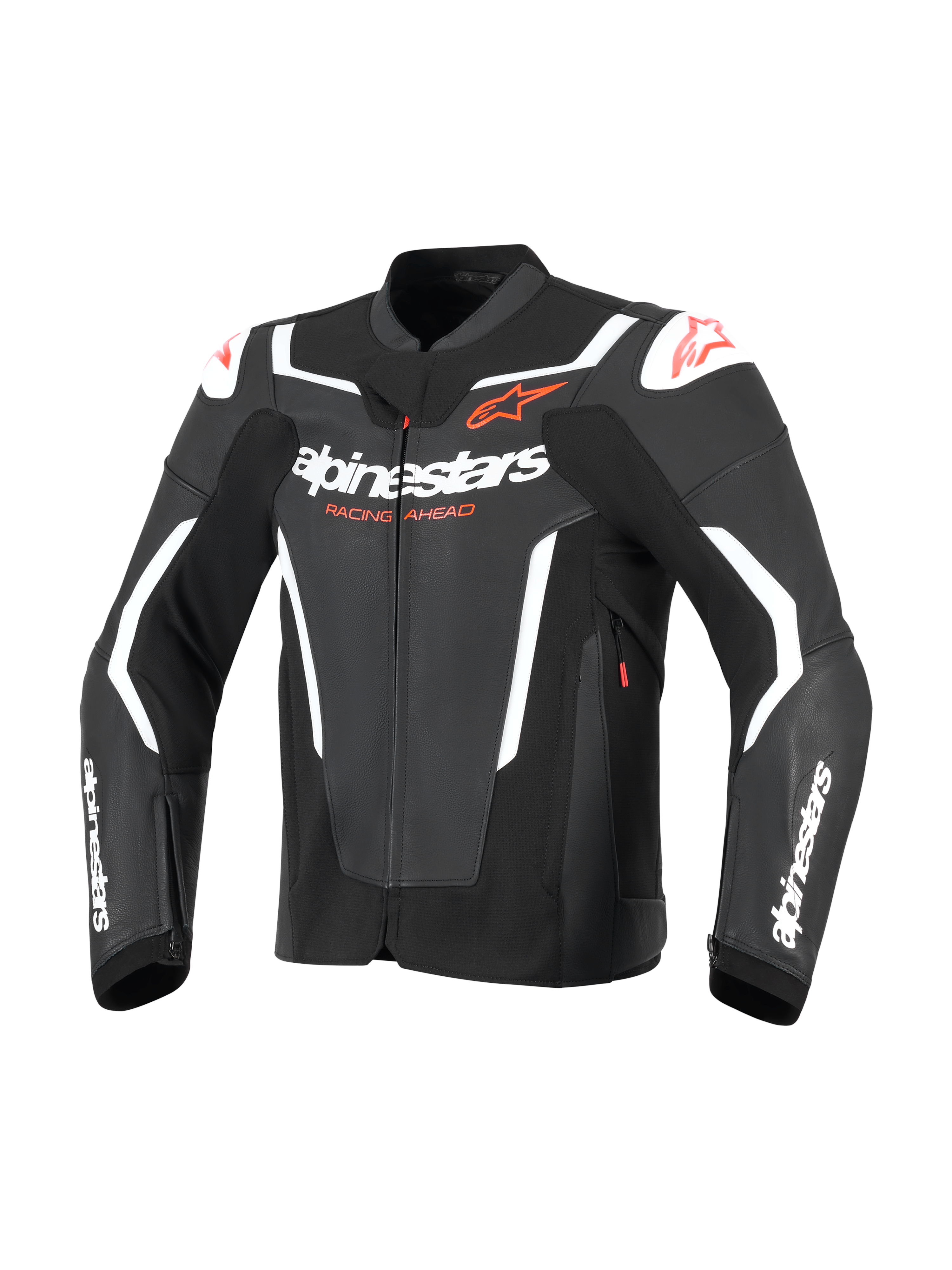 Alpinestars GP Force V2 Leren Jas, sportieve motorjas, zwart en wit, met opvallende witte Alpinestars-branding op de borst en mouwen, rode ster-logo's en externe schoudersliders, professioneel race-geïnspireerd lederen ontwerp.