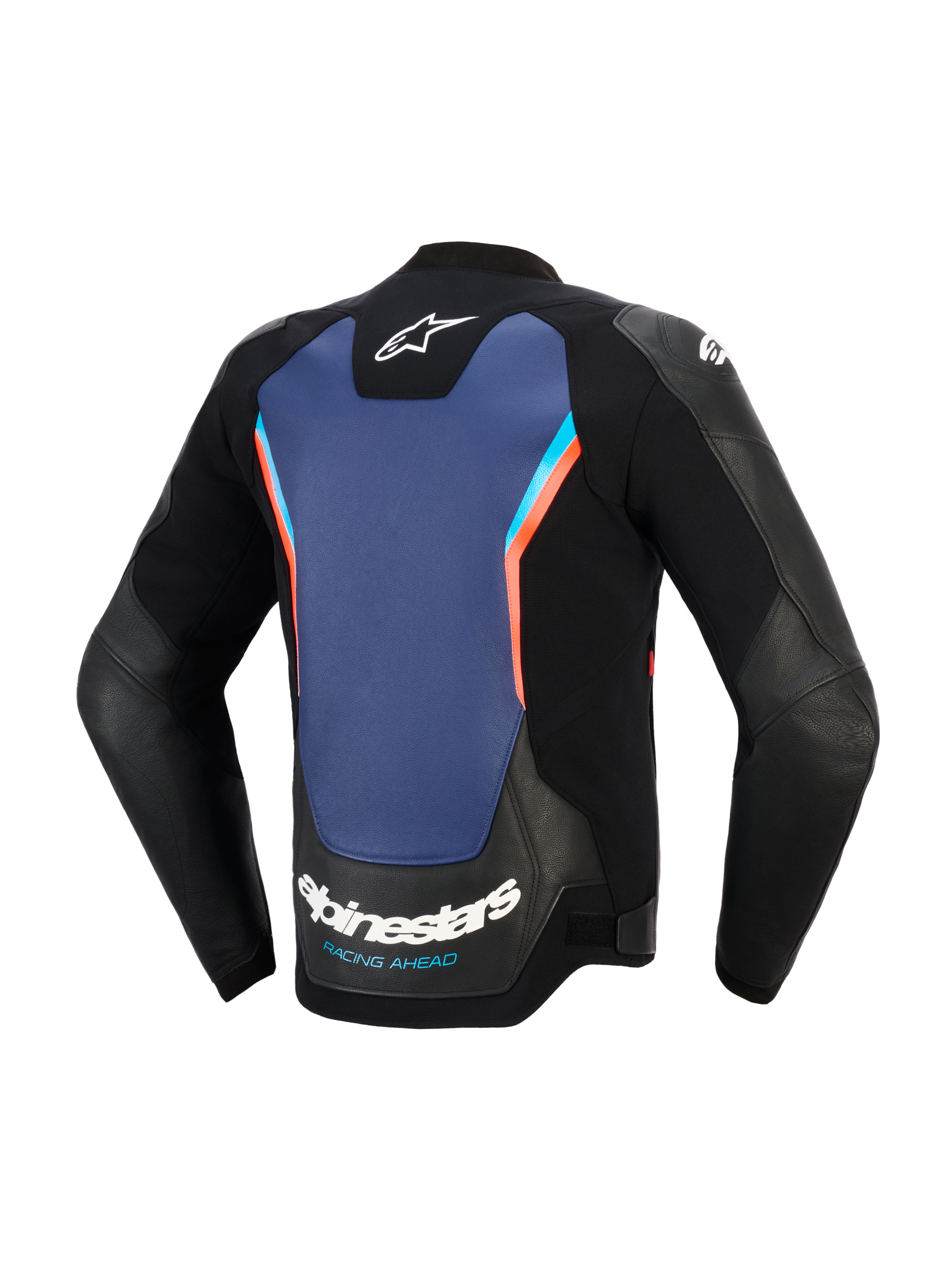 Alpinestars GP Force V2 Leather Jacket, back view, black leather with large blue central panel and fluo red accents, featuring Alpinestars logo and 'RACING AHEAD' branding on the lower back, sport motorcycle riding gear