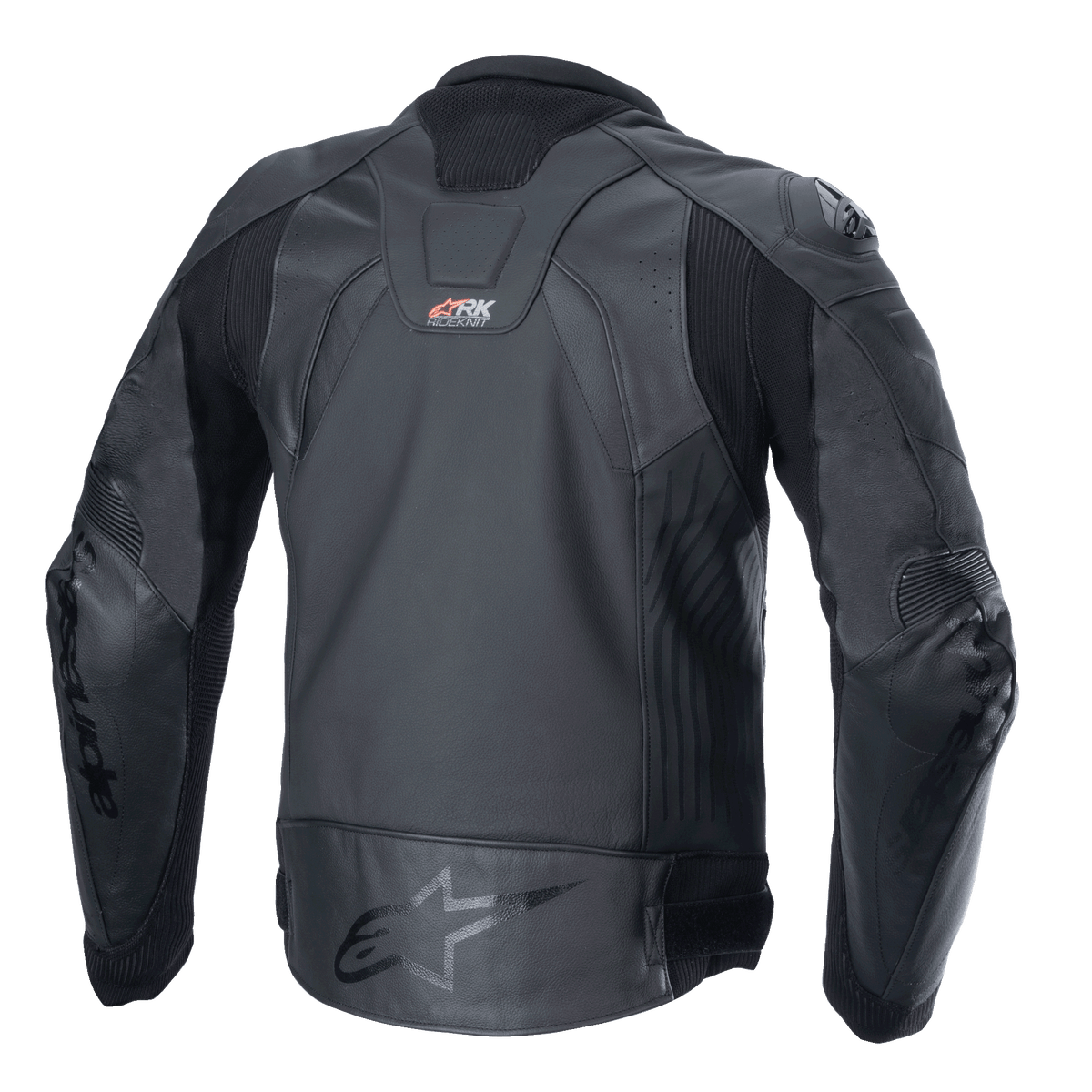 Alpinestars GP Plus R V4 Rideknit Leren Jas, zwart, achteraanzicht met technische leren constructie, RIDEKNIT stretchpanelen en Alpinestars-logo op de onderrug