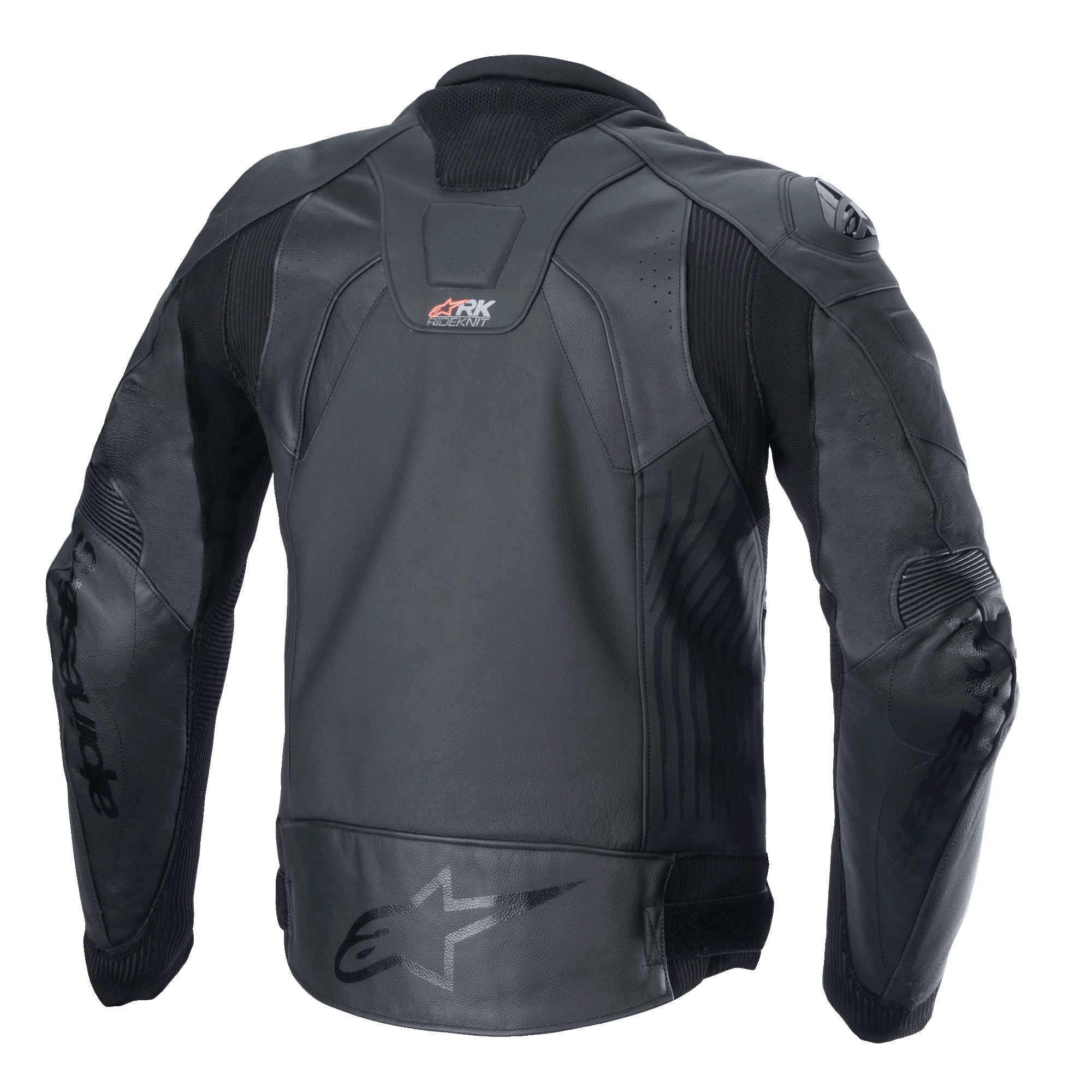 Alpinestars GP Plus R V4 Rideknit Leren Jas, zwart, achteraanzicht met technische leren constructie, RIDEKNIT stretchpanelen en Alpinestars-logo op de onderrug