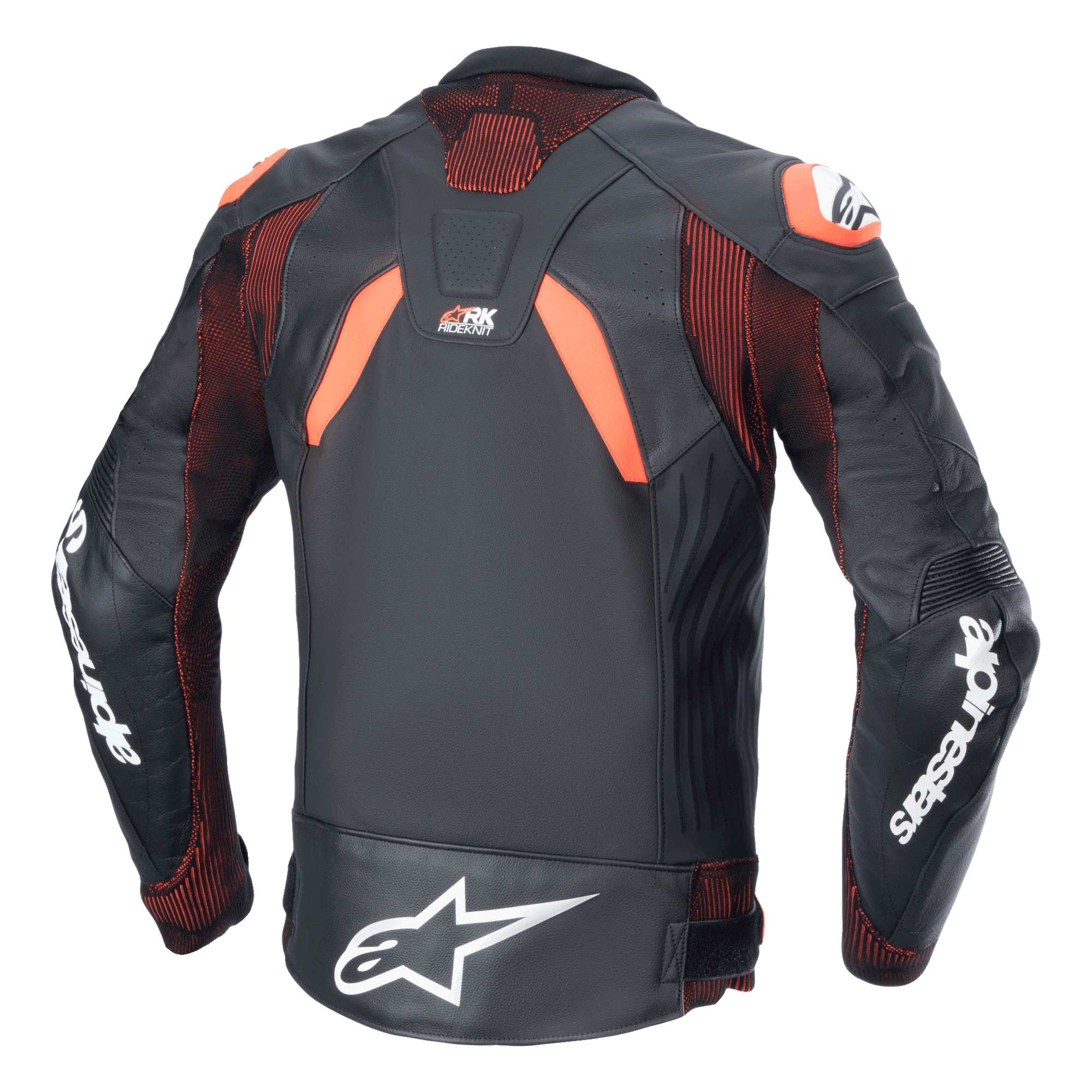 Alpinestars GP Plus R V4 Rideknit Leren Jas, Zwart Rood Fluo Wit, achteraanzicht, voorzien van RIDEKNIT® technische stretchpanelen en premium lederen constructie, witte Alpinestars branding op de mouwen en onderrug